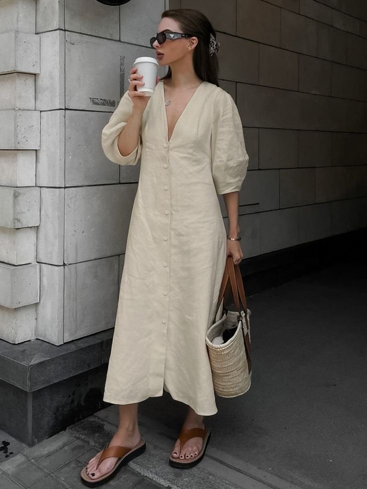 Cotton-Linen-Button-Front-Knotted-Long-Dress-2